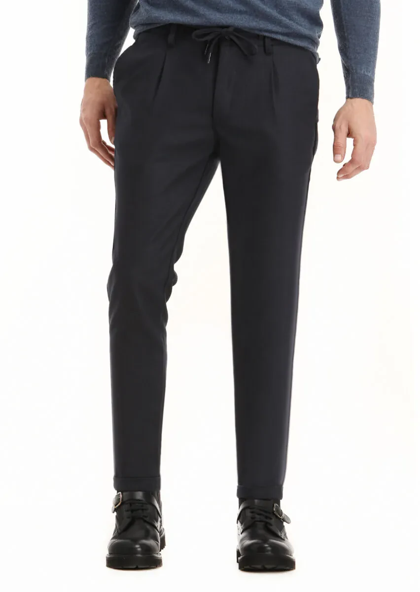 Navy Blue Weaving Jogging Fit Casual Trousers - 2