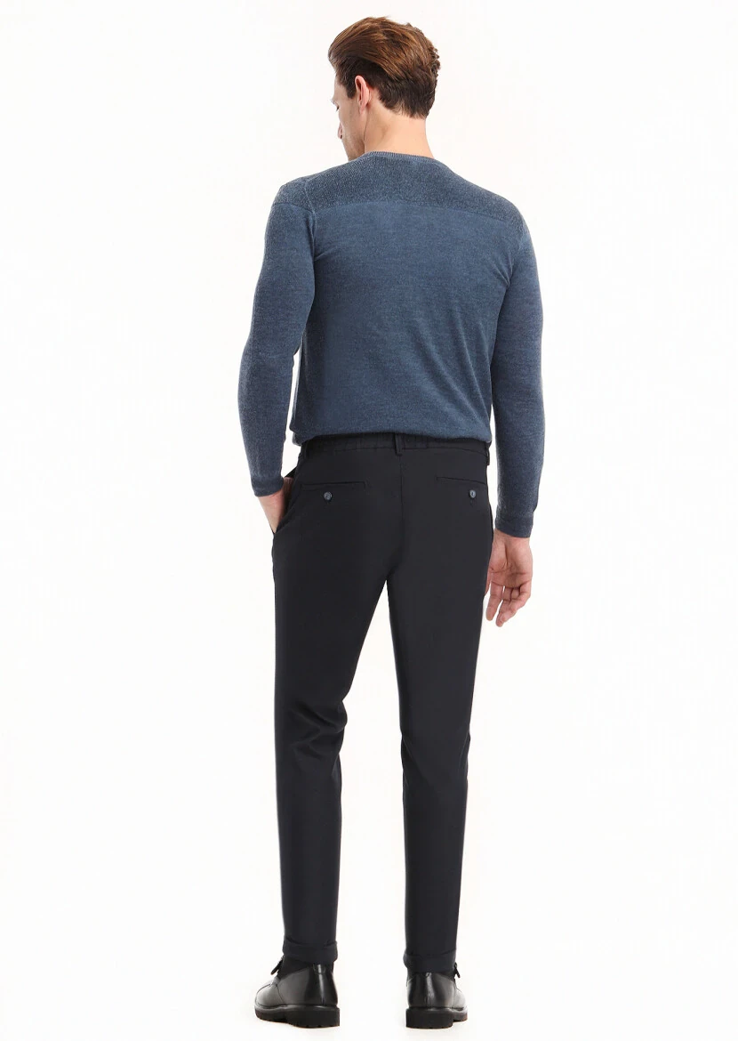 Navy Blue Weaving Jogging Fit Casual Trousers - 4