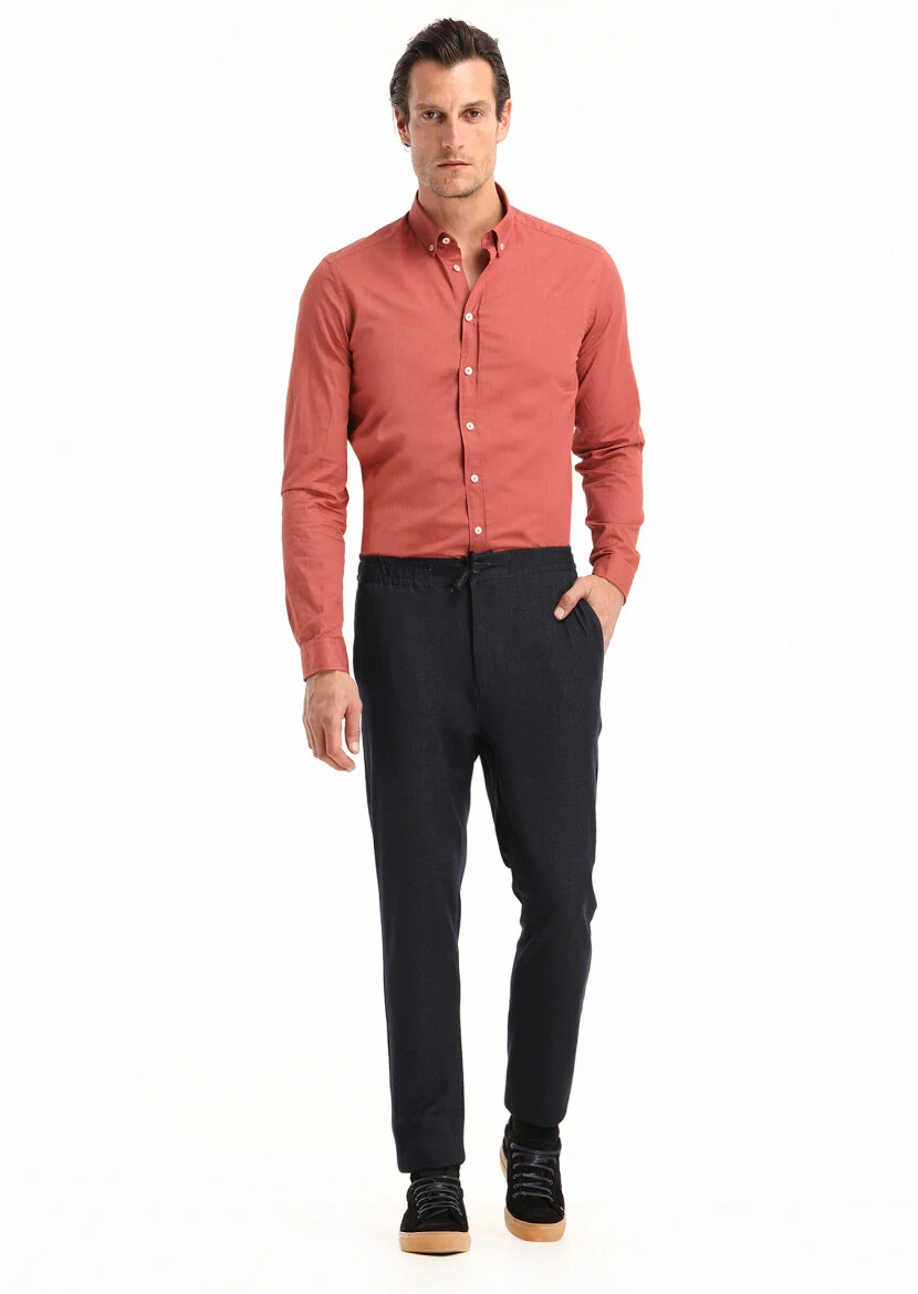 Navy Blue Weaving Jogging Fit Casual Trousers 