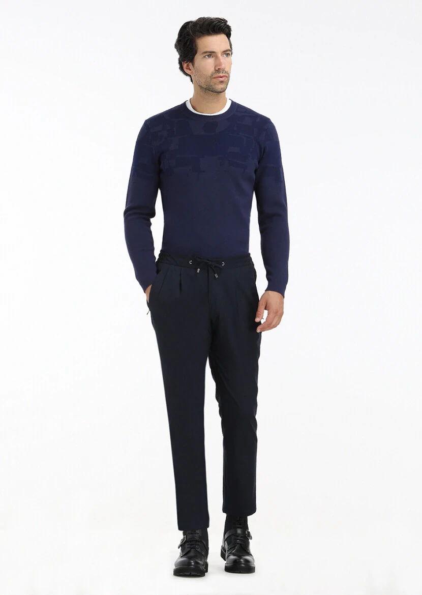 Navy Blue Weaving Jogging Fit Casual Trousers - 1