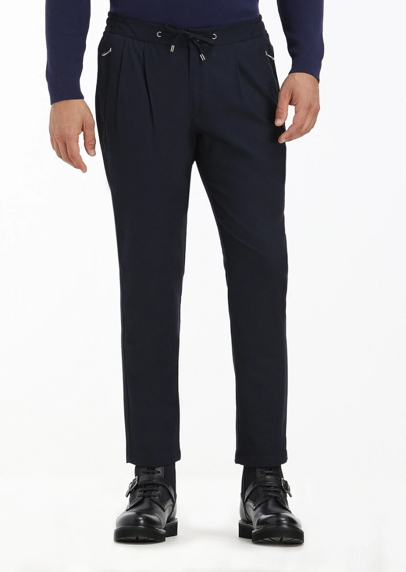 Navy Blue Weaving Jogging Fit Casual Trousers 