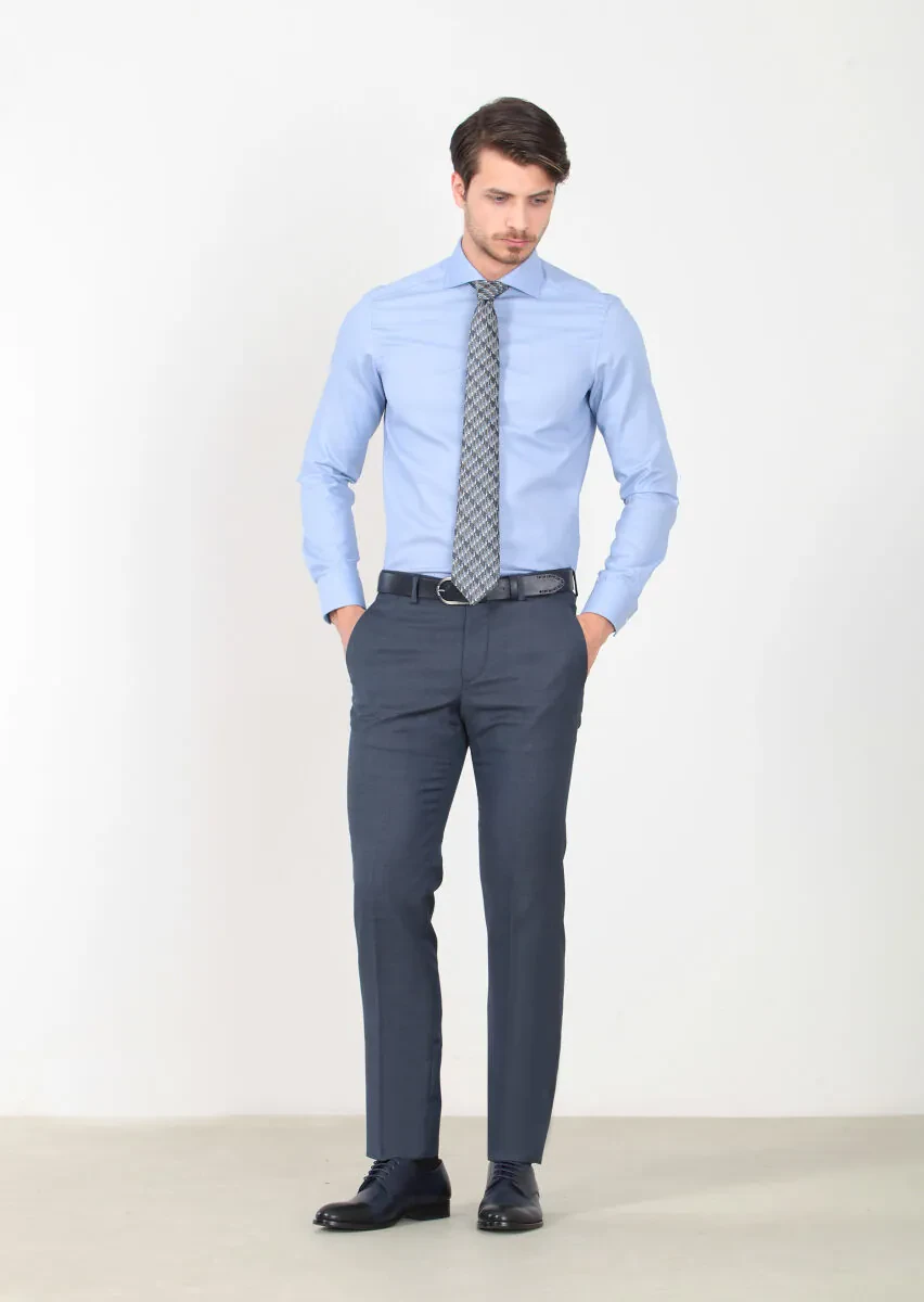 Navy Blue Weaving Modern Fit Classical 100% Wool Trousers - 2