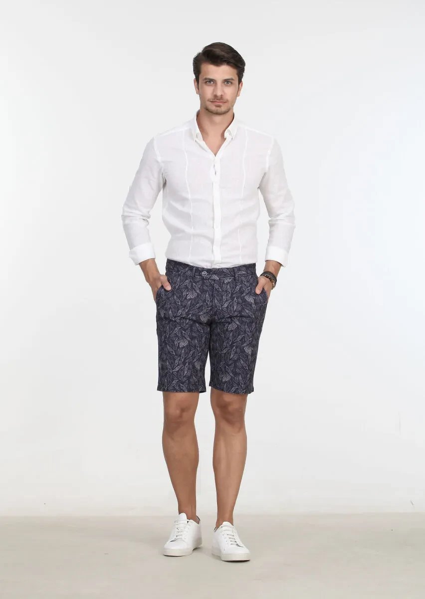 Navy Blue Weaving Regular Fit Casual 100% Cotton Bermuda - 1