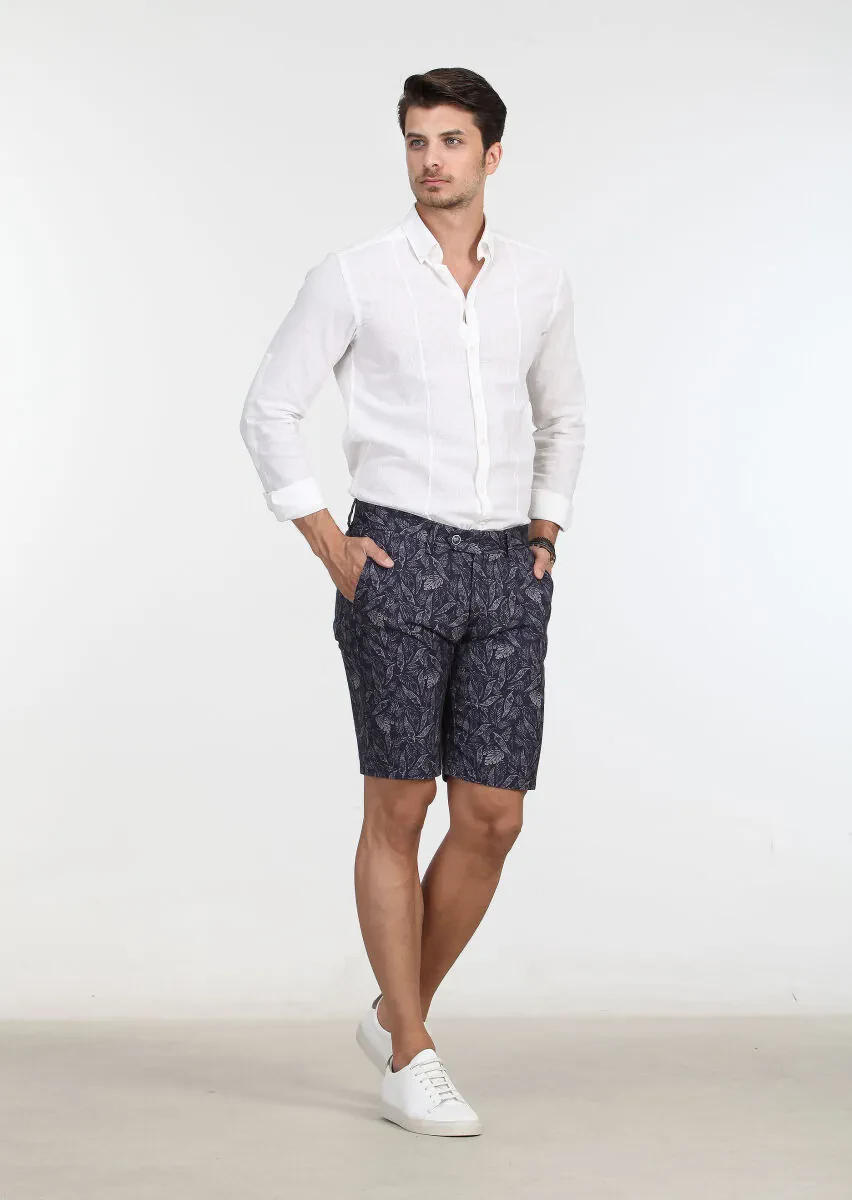 Navy Blue Weaving Regular Fit Casual 100% Cotton Bermuda - 3