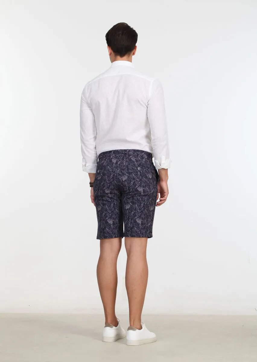 Navy Blue Weaving Regular Fit Casual 100% Cotton Bermuda - 5