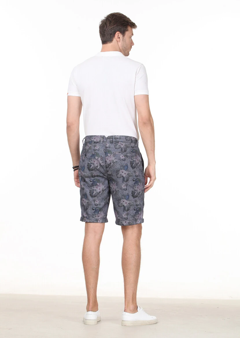 Navy Blue Weaving Regular Fit Casual 100% Cotton Bermuda - 4