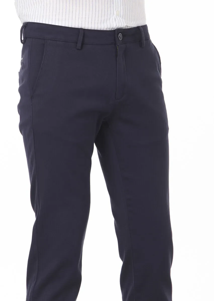 Navy Blue Weaving Regular Fit Casual 100% Cotton Trousers - 3