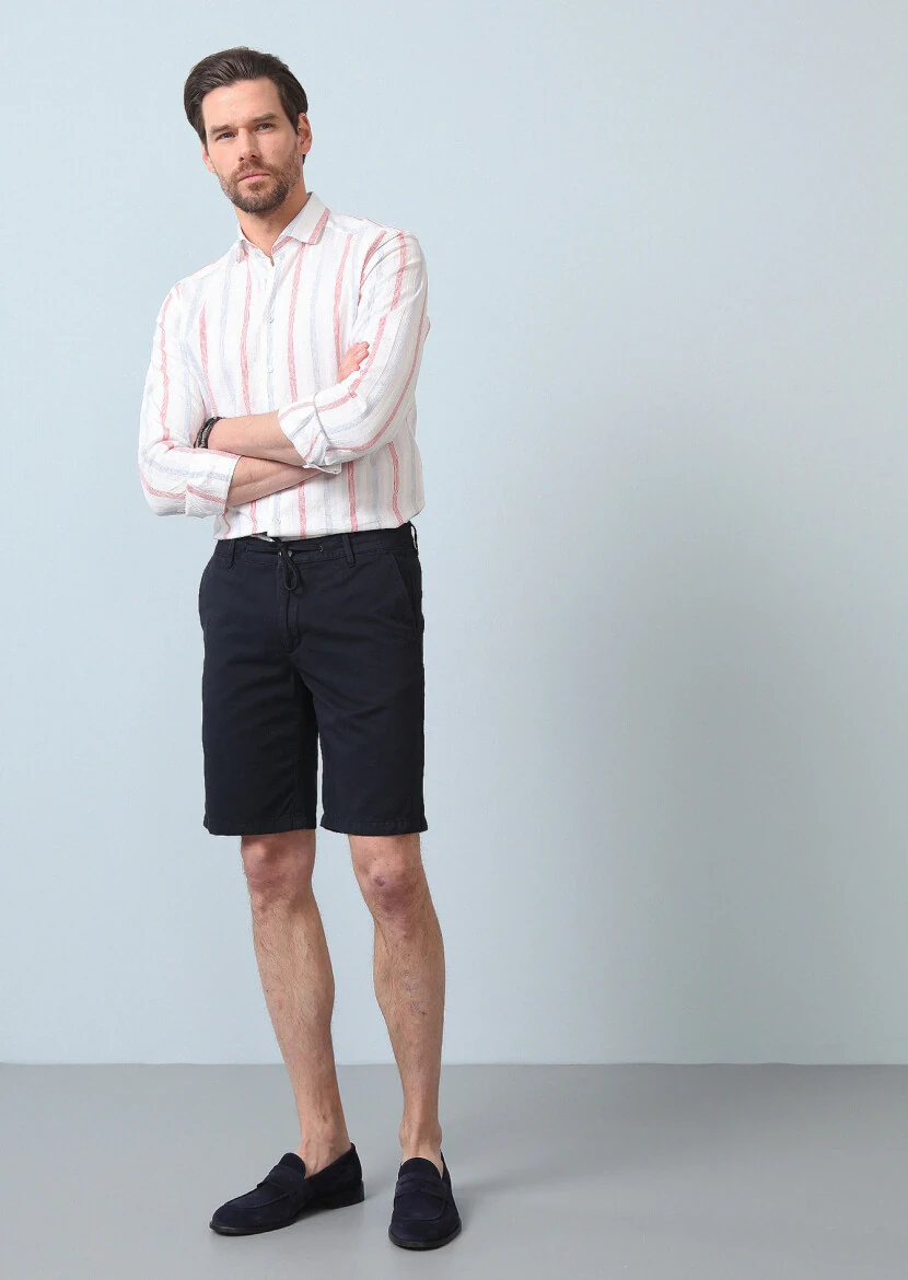 Navy Blue Weaving Regular Fit Casual Cotton Blended Bermuda - 1