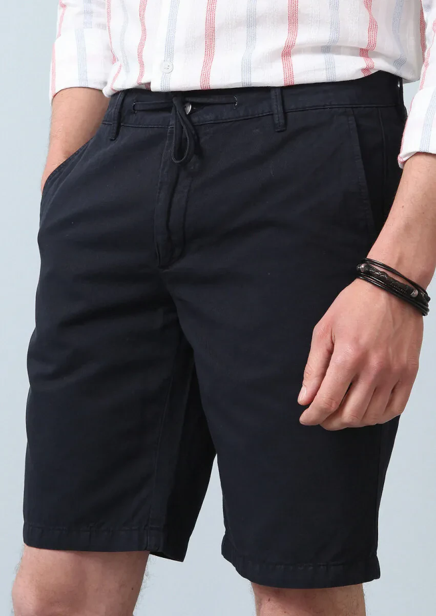 Navy Blue Weaving Regular Fit Casual Cotton Blended Bermuda - 2