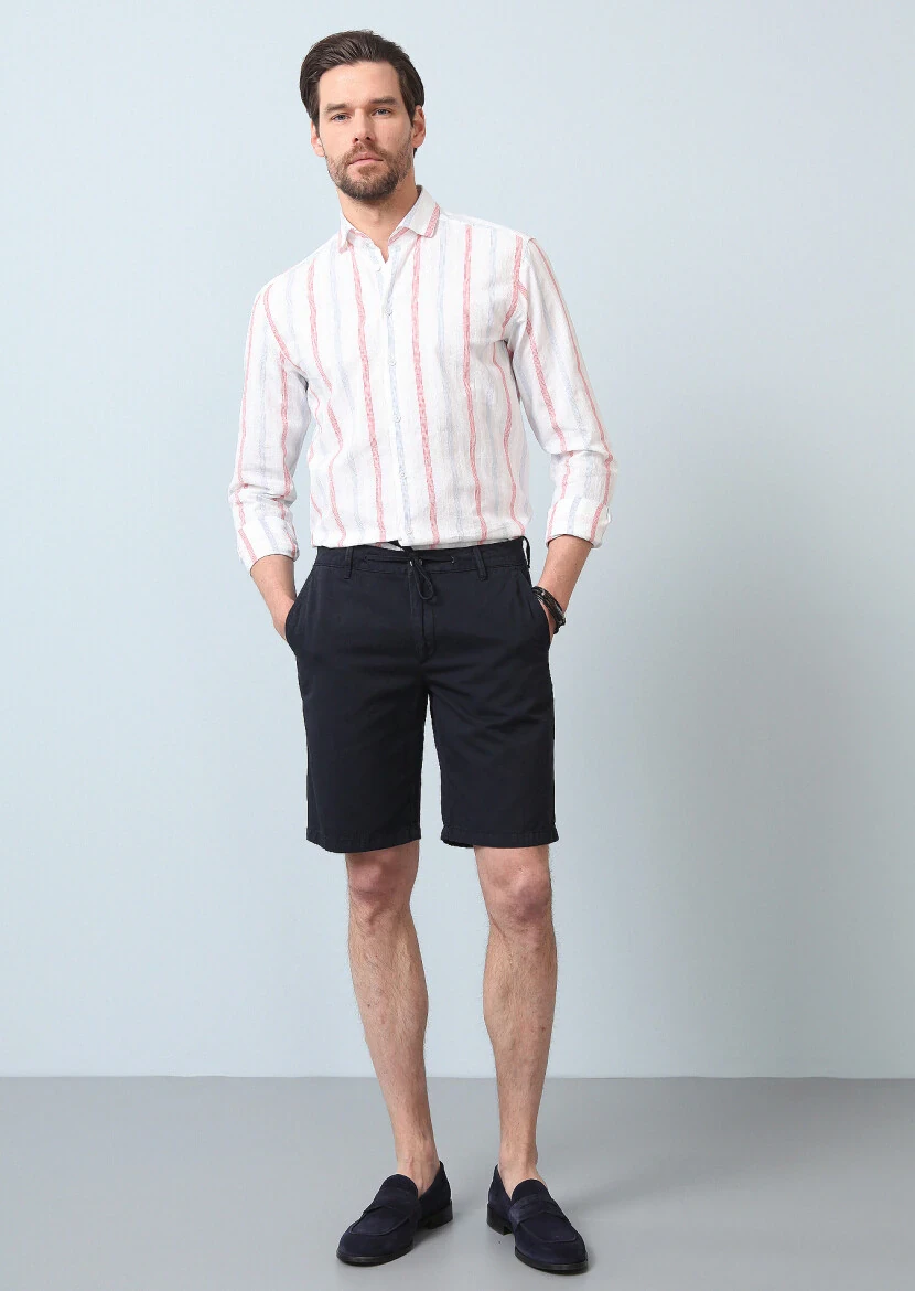 Navy Blue Weaving Regular Fit Casual Cotton Blended Bermuda - 3