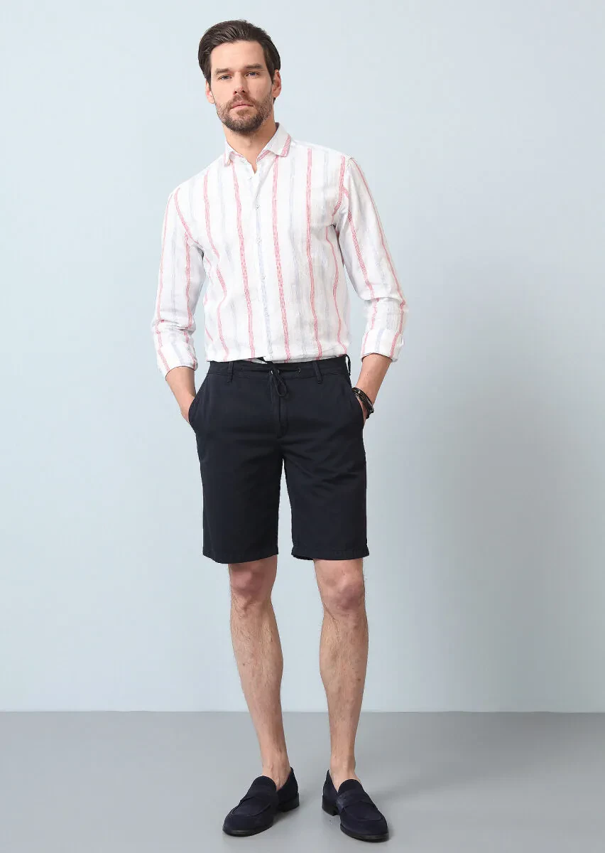 Navy Blue Weaving Regular Fit Casual Cotton Blended Bermuda - 3