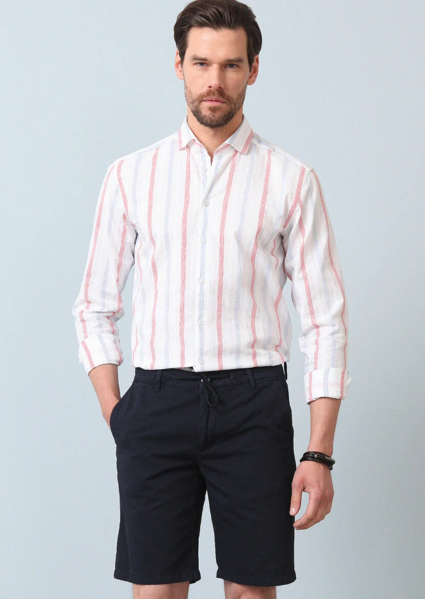 Navy Blue Weaving Regular Fit Casual Cotton Blended Bermuda - 4