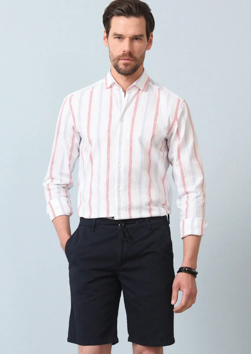 Navy Blue Weaving Regular Fit Casual Cotton Blended Bermuda - 4