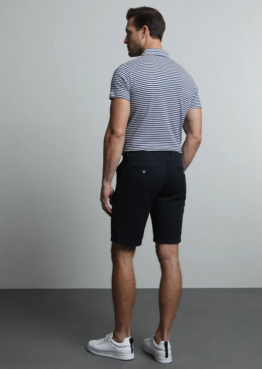 Navy Blue Weaving Regular Fit Casual Cotton Blended Bermuda - 5