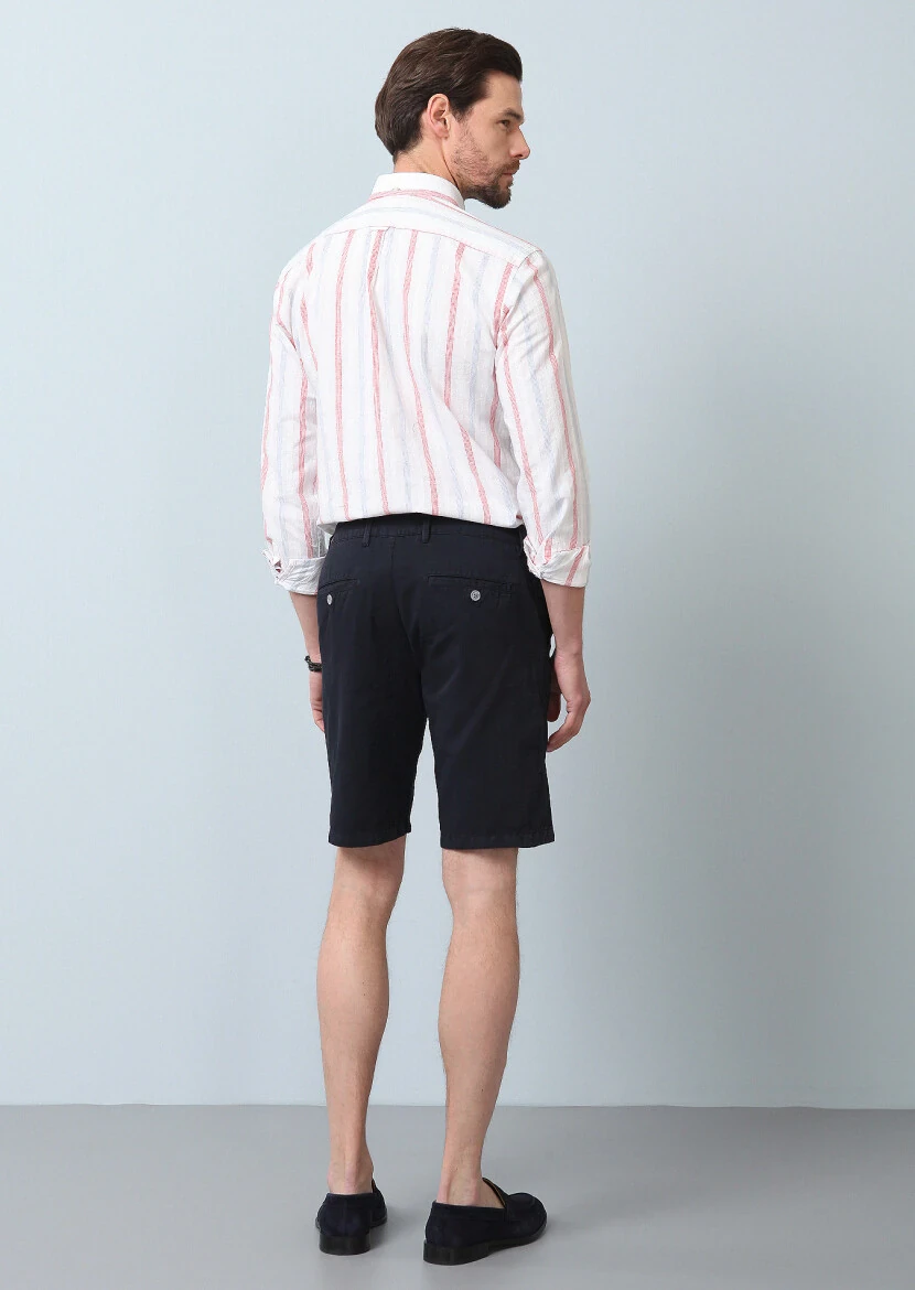 Navy Blue Weaving Regular Fit Casual Cotton Blended Bermuda - 6