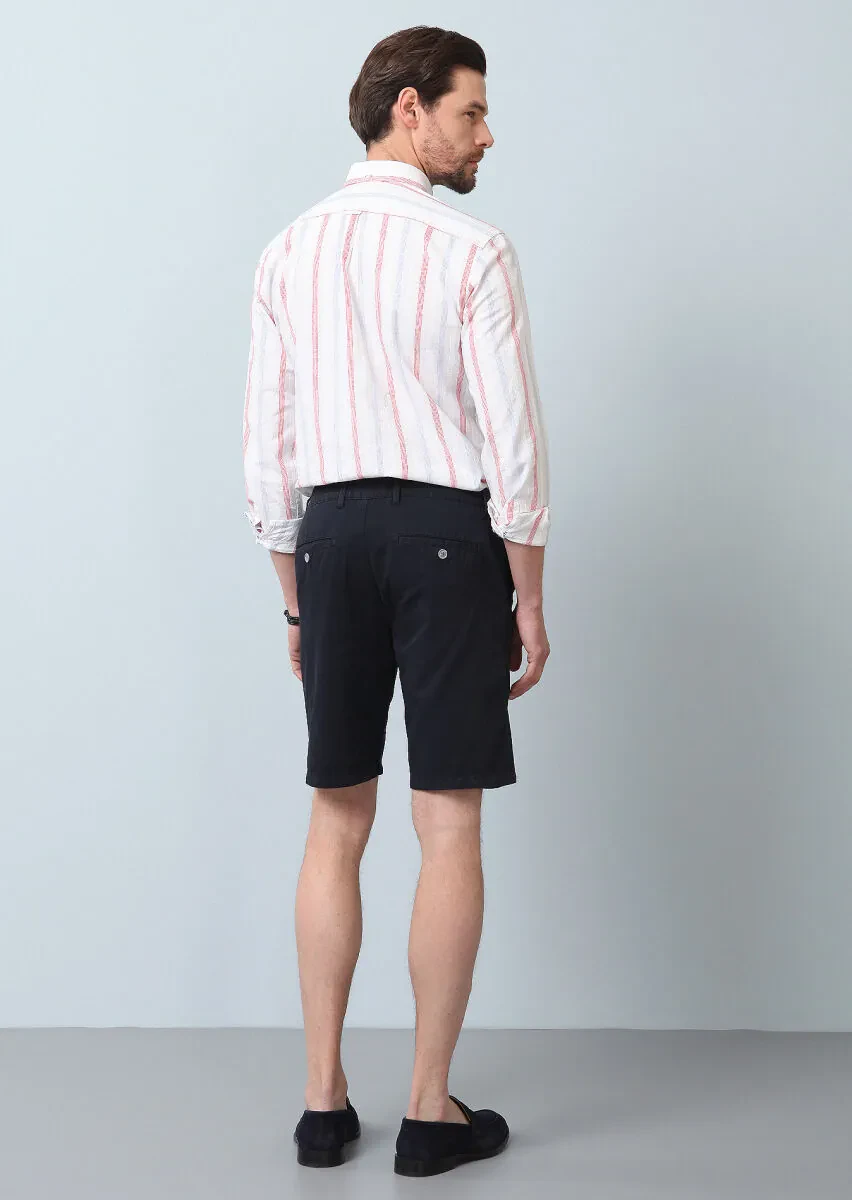 Navy Blue Weaving Regular Fit Casual Cotton Blended Bermuda - 6