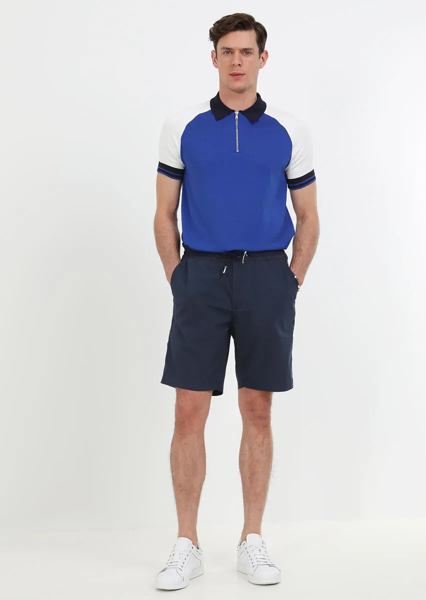 Navy Blue Weaving Regular Fit Casual Cotton Blended Bermuda - 1