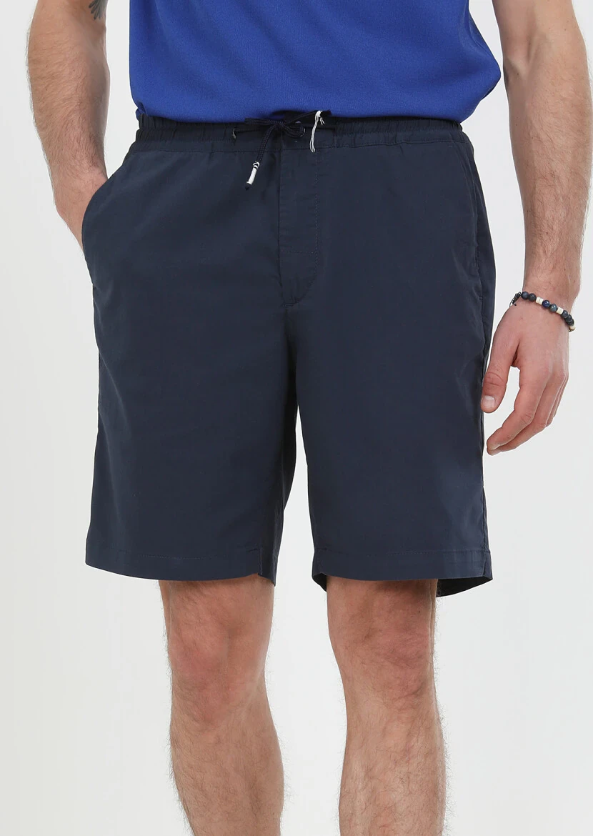 Navy Blue Weaving Regular Fit Casual Cotton Blended Bermuda 