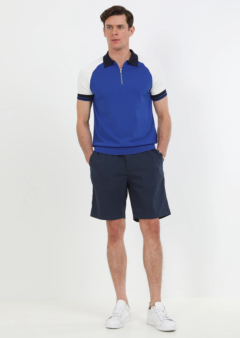 Navy Blue Weaving Regular Fit Casual Cotton Blended Bermuda - 3