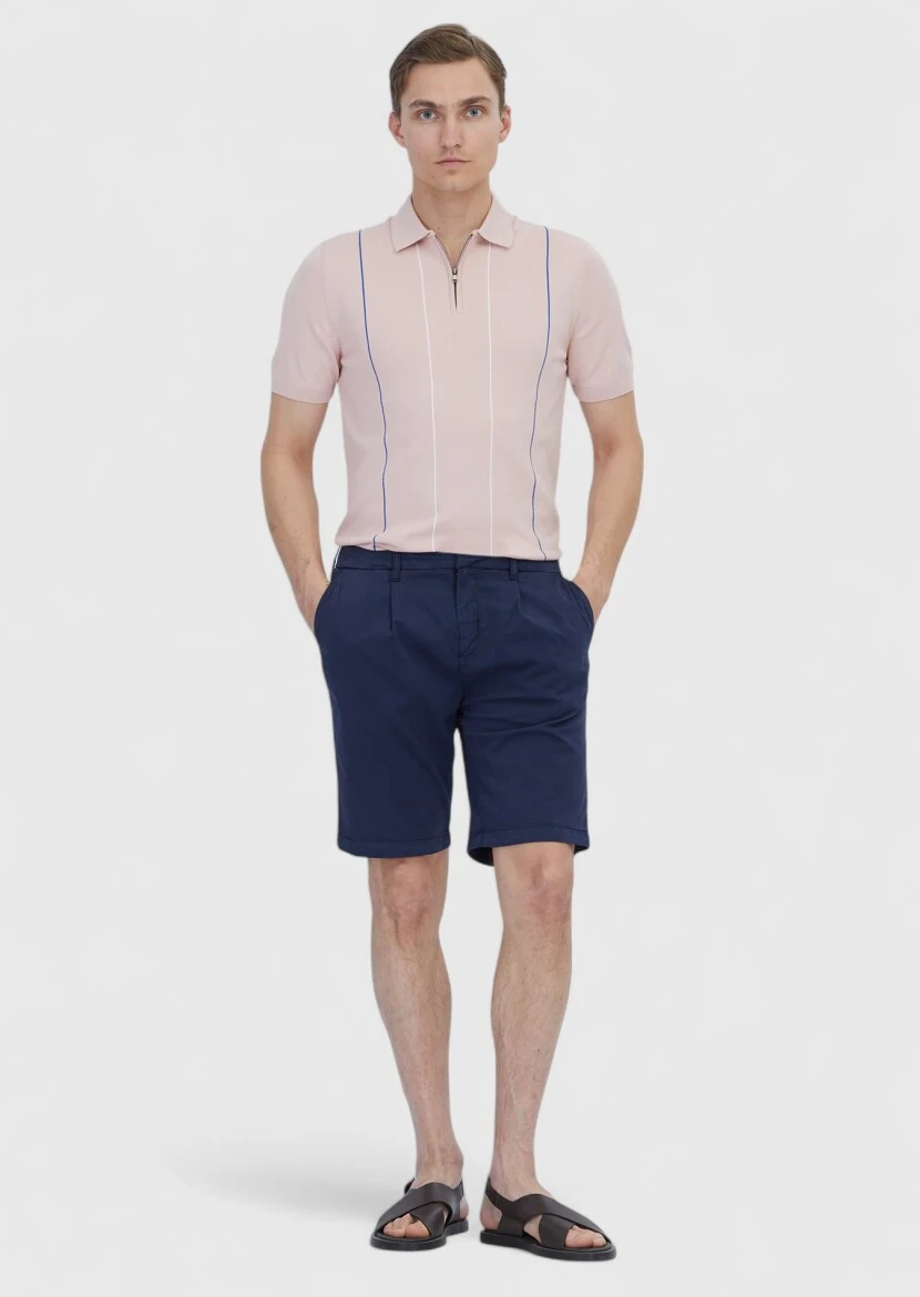 Navy Blue Weaving Regular Fit Casual Cotton Blended Bermuda - 1