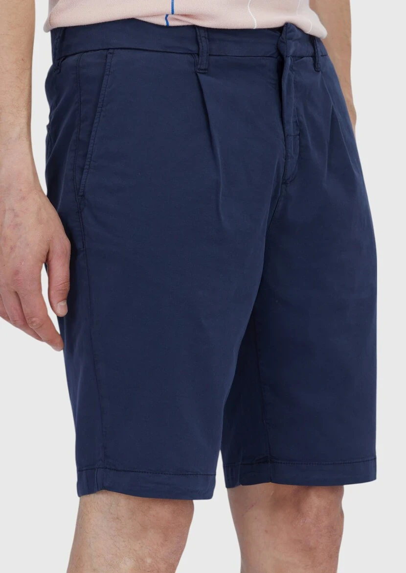 Navy Blue Weaving Regular Fit Casual Cotton Blended Bermuda - 3