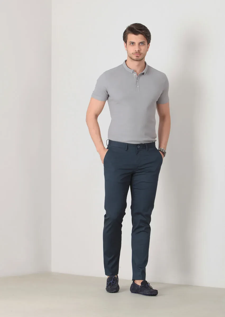 Navy Blue Weaving Regular Fit Casual Cotton Blended Trousers - 2