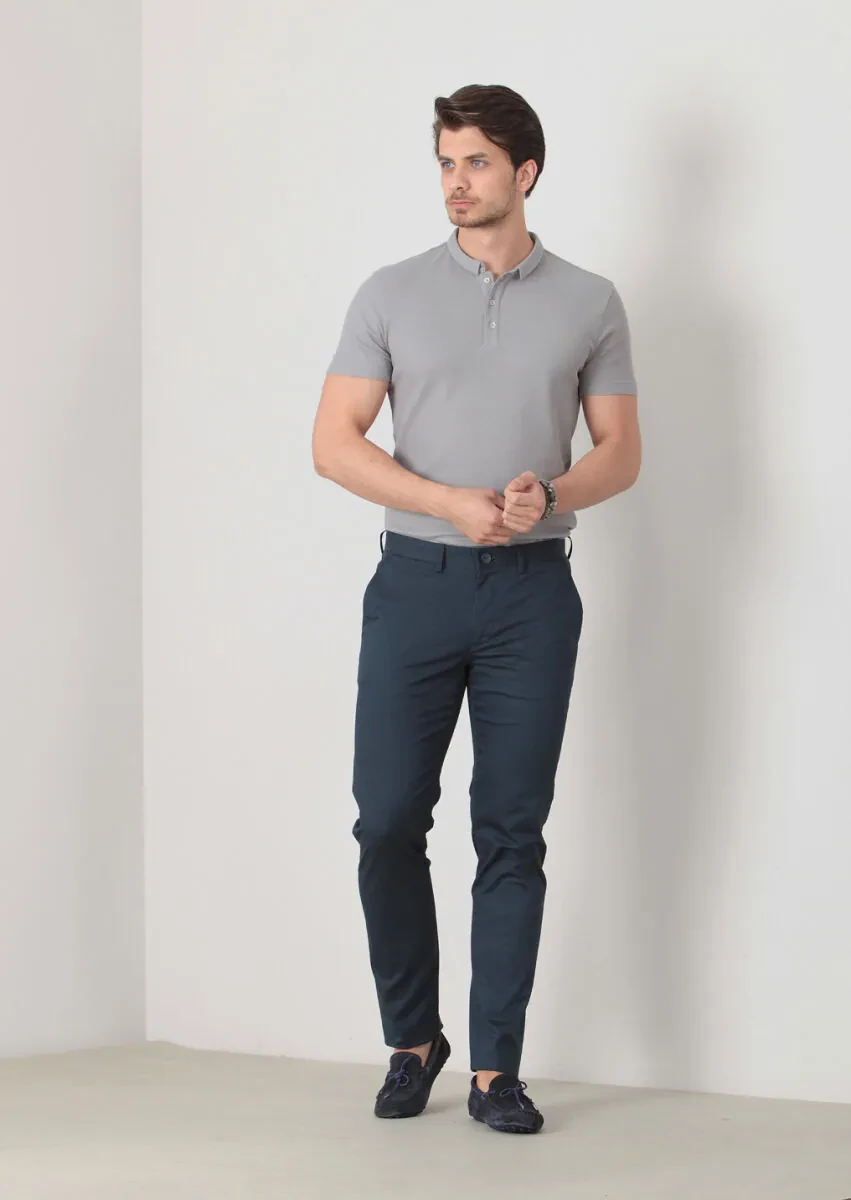 Navy Blue Weaving Regular Fit Casual Cotton Blended Trousers - 3