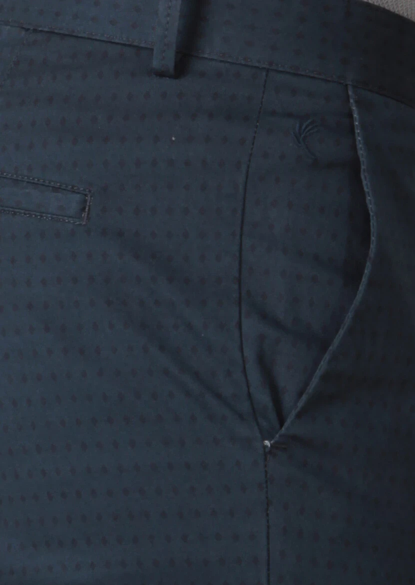 Navy Blue Weaving Regular Fit Casual Cotton Blended Trousers - 4