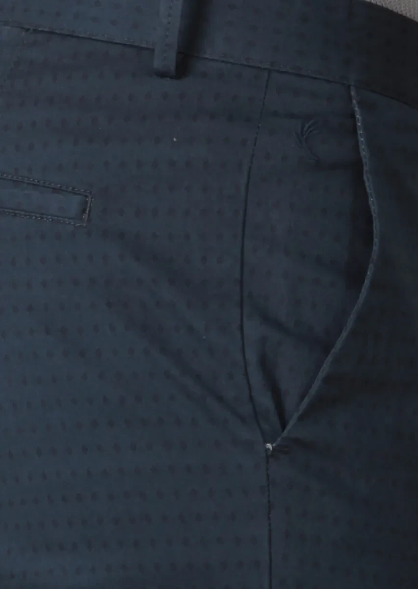 Navy Blue Weaving Regular Fit Casual Cotton Blended Trousers - 4