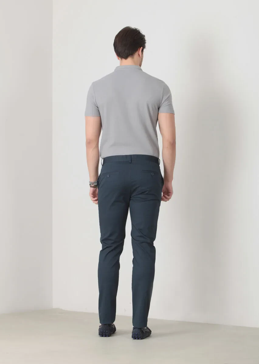 Navy Blue Weaving Regular Fit Casual Cotton Blended Trousers - 5