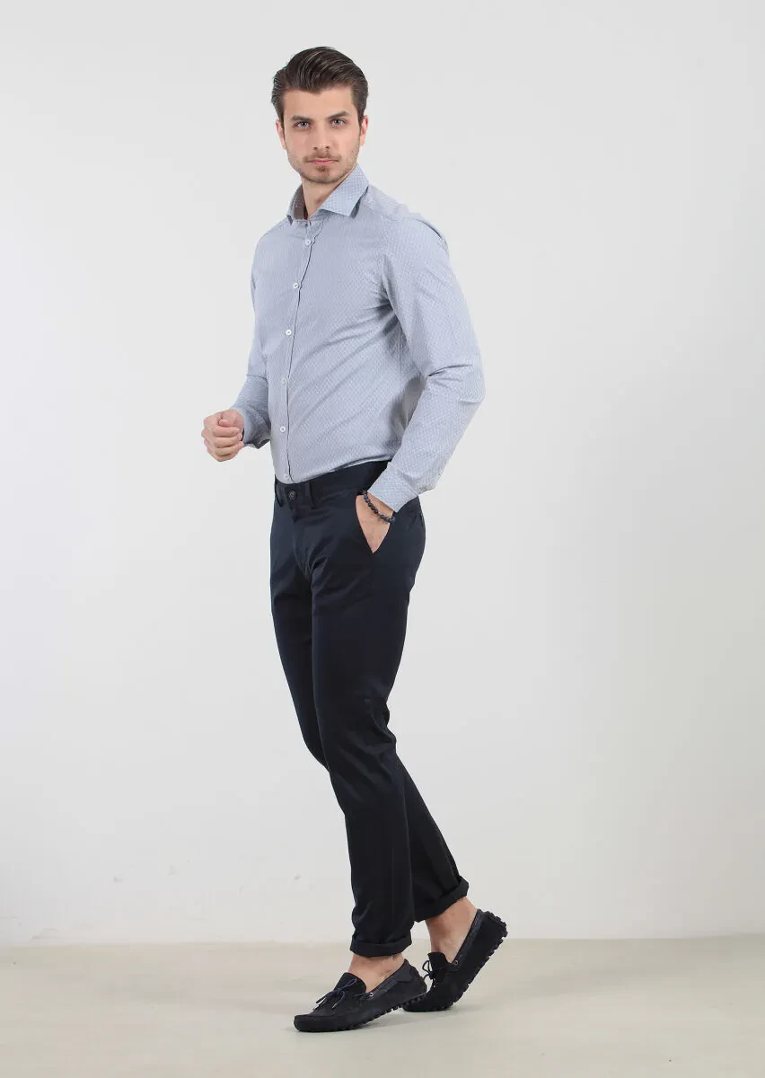 Navy Blue Weaving Regular Fit Casual Cotton Blended Trousers - 1