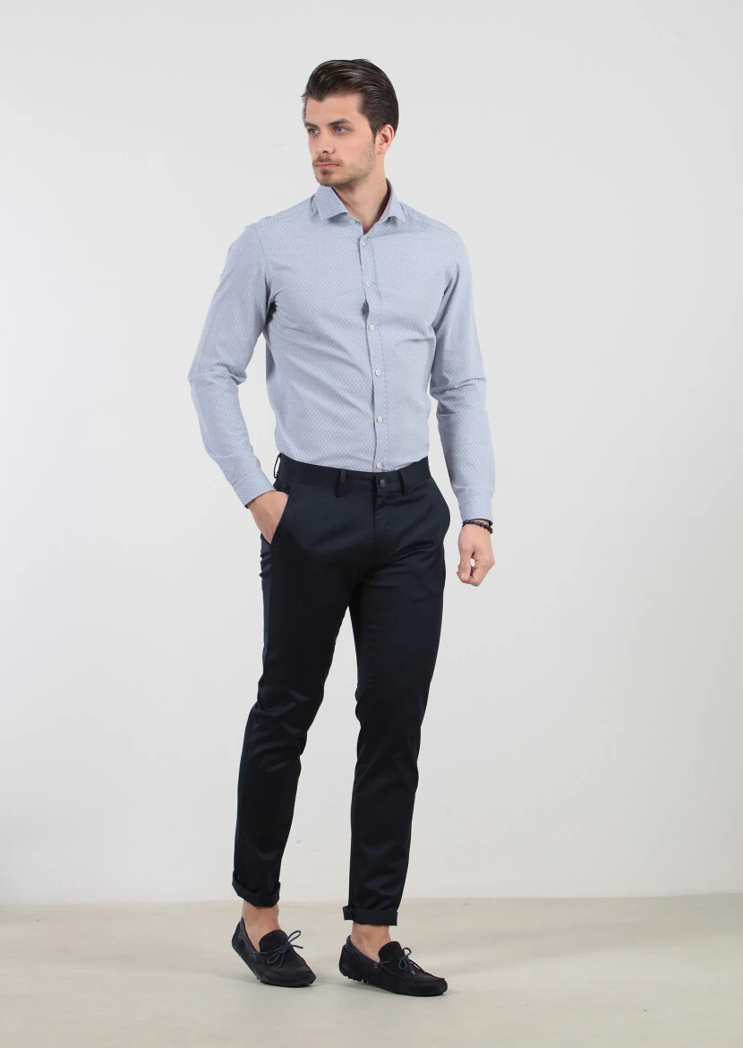 Navy Blue Weaving Regular Fit Casual Cotton Blended Trousers - 2