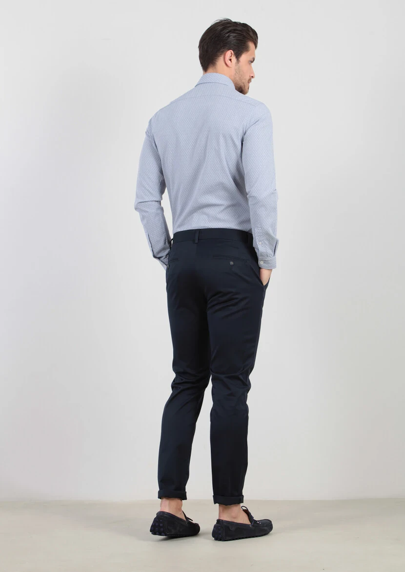 Navy Blue Weaving Regular Fit Casual Cotton Blended Trousers - 4