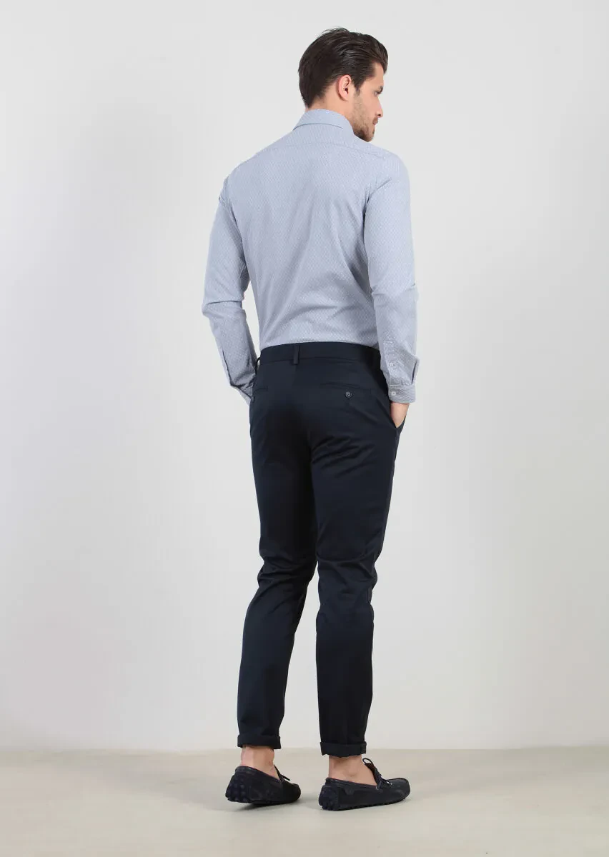 Navy Blue Weaving Regular Fit Casual Cotton Blended Trousers - 4