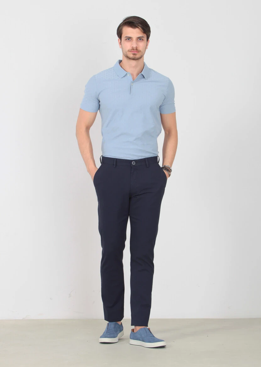 Navy Blue Weaving Regular Fit Casual Cotton Blended Trousers - 1