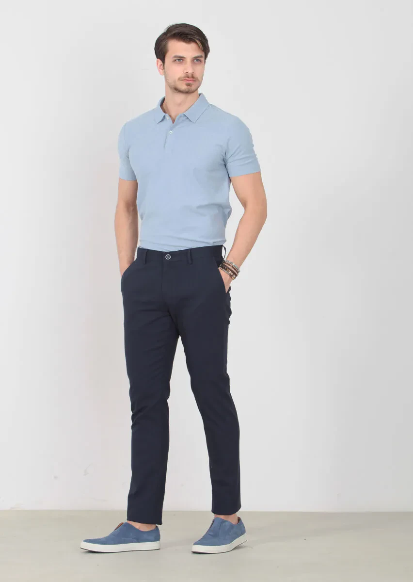 Navy Blue Weaving Regular Fit Casual Cotton Blended Trousers - 2