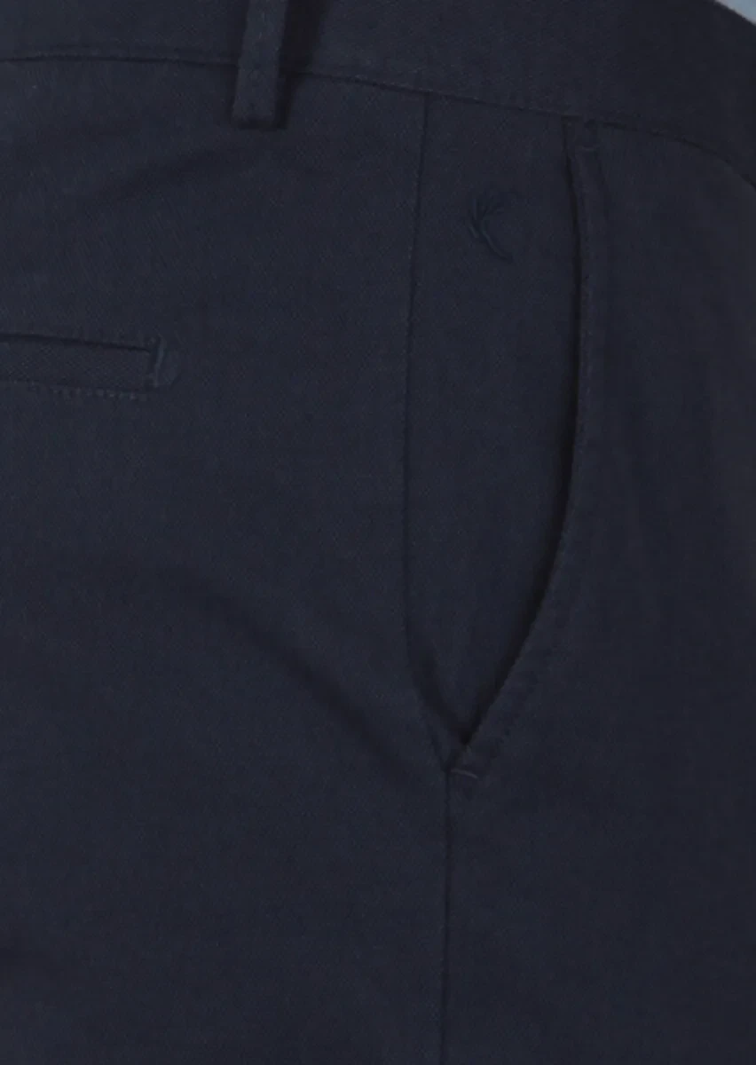 Navy Blue Weaving Regular Fit Casual Cotton Blended Trousers - 3
