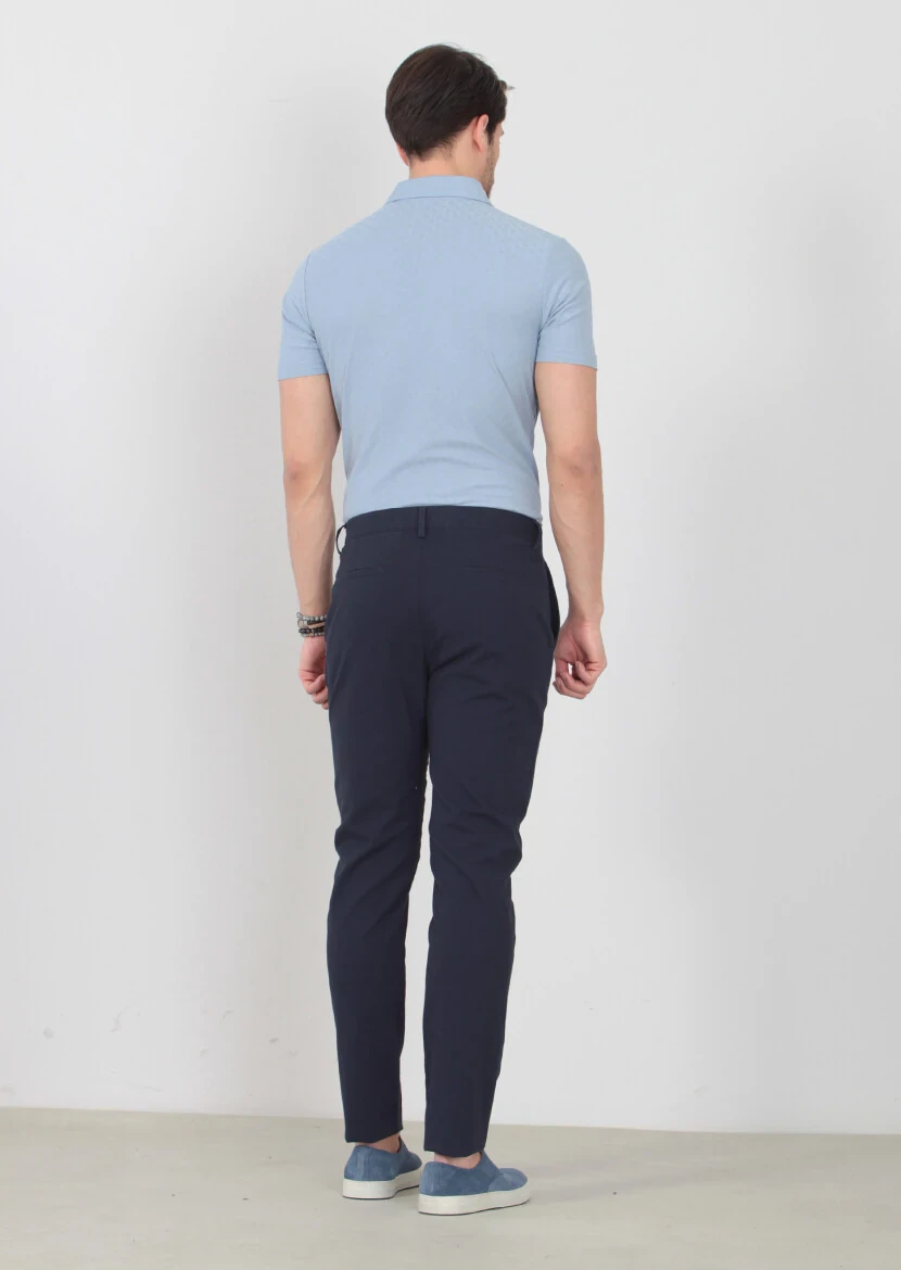 Navy Blue Weaving Regular Fit Casual Cotton Blended Trousers - 4