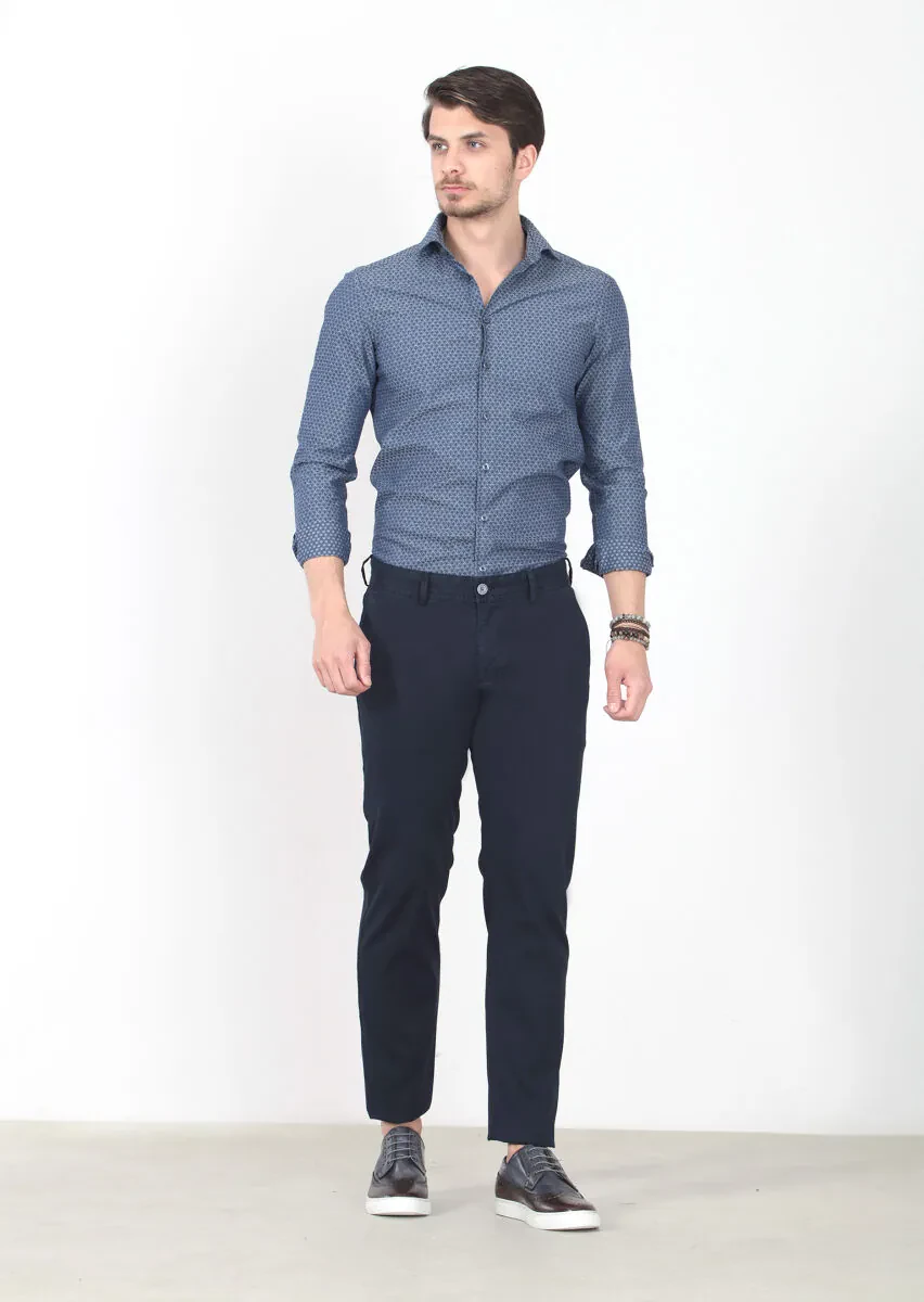 Navy Blue Weaving Regular Fit Casual Cotton Blended Trousers - 2