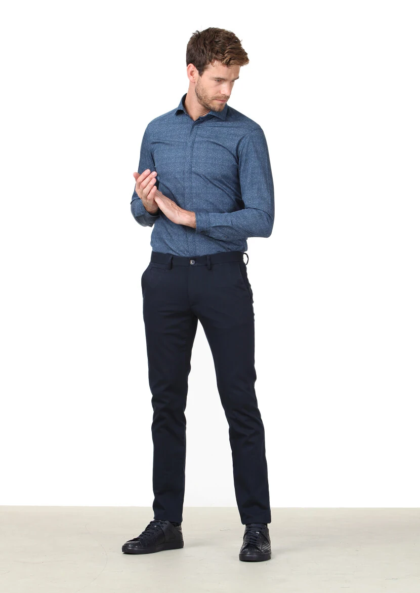 Navy Blue Weaving Regular Fit Casual Cotton Blended Trousers - 2