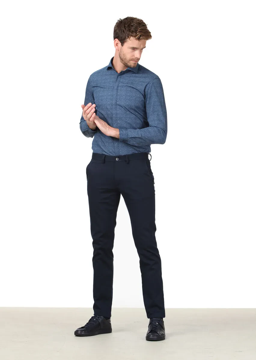 Navy Blue Weaving Regular Fit Casual Cotton Blended Trousers - 2