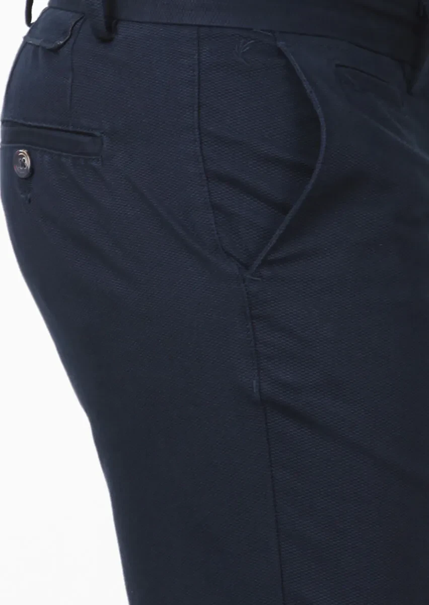Navy Blue Weaving Regular Fit Casual Cotton Blended Trousers - 3