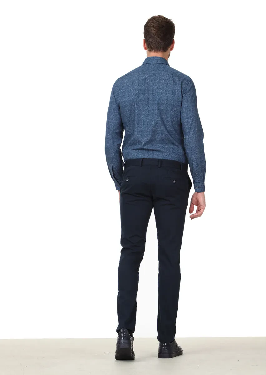 Navy Blue Weaving Regular Fit Casual Cotton Blended Trousers - 4