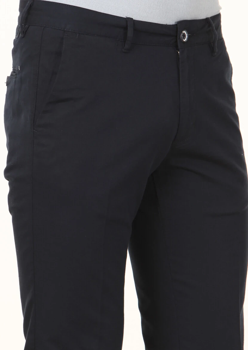 Navy Blue Weaving Regular Fit Casual Cotton Blended Trousers - 3