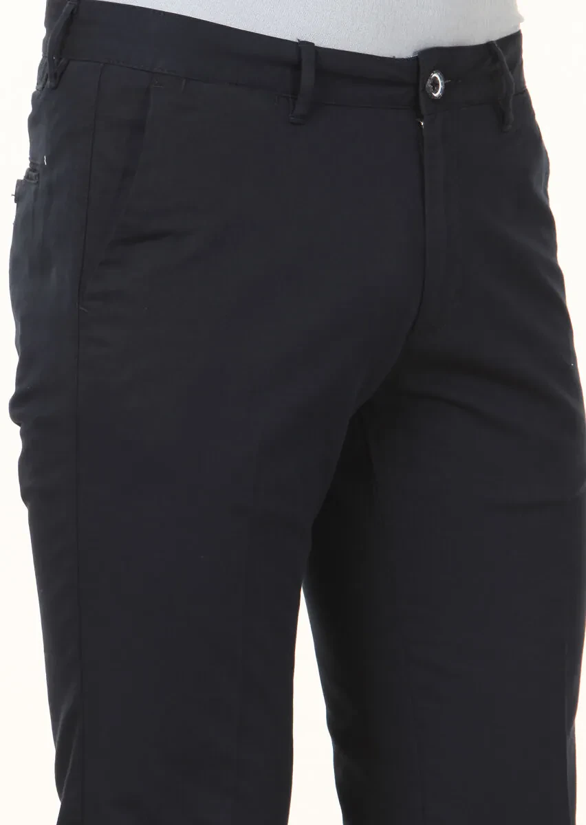 Navy Blue Weaving Regular Fit Casual Cotton Blended Trousers - 3