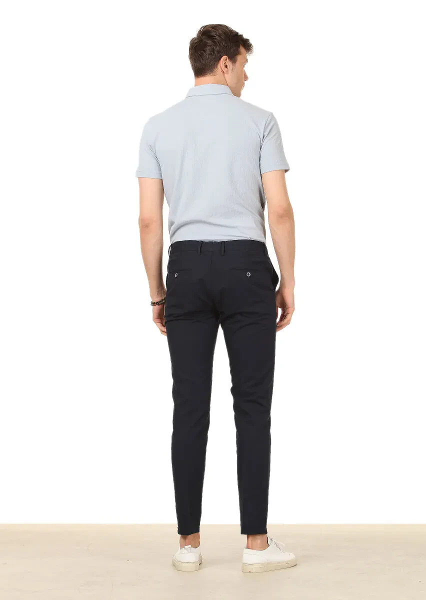 Navy Blue Weaving Regular Fit Casual Cotton Blended Trousers - 4