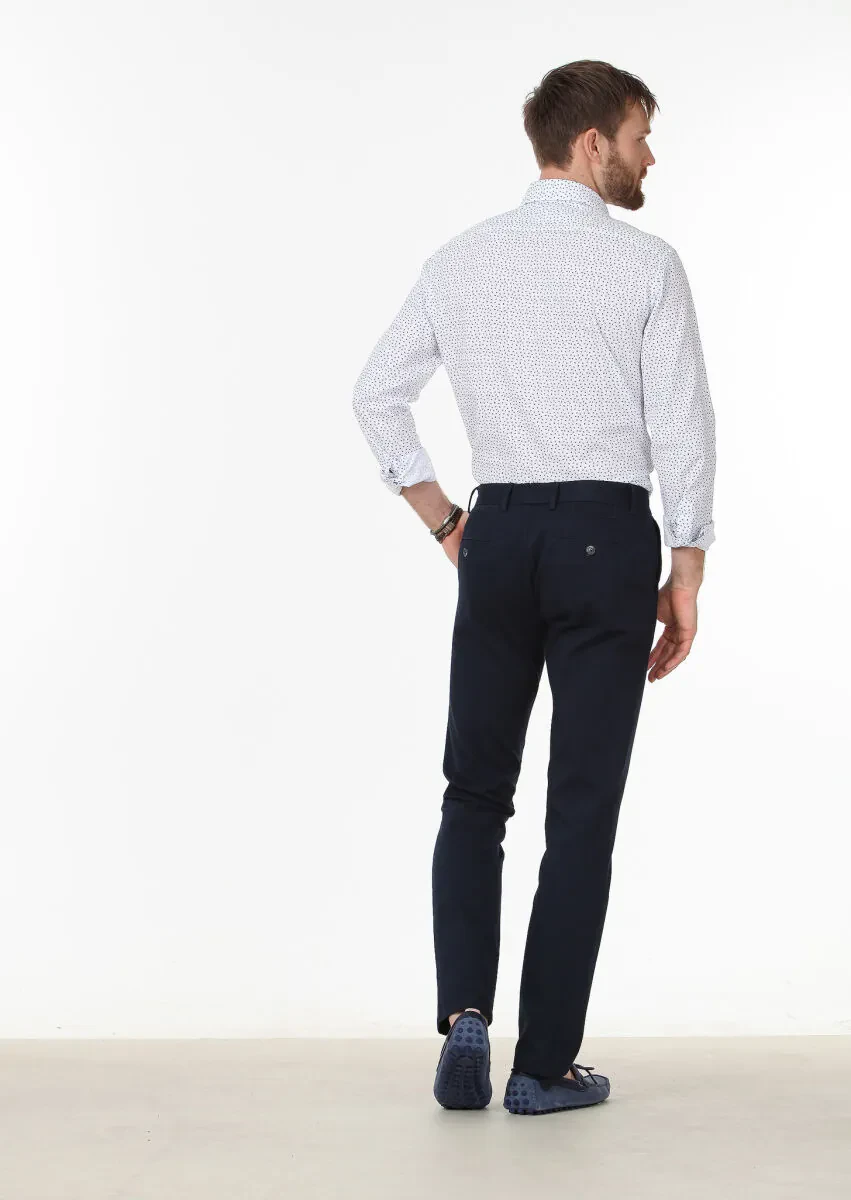 Navy Blue Weaving Regular Fit Casual Cotton Blended Trousers - 4