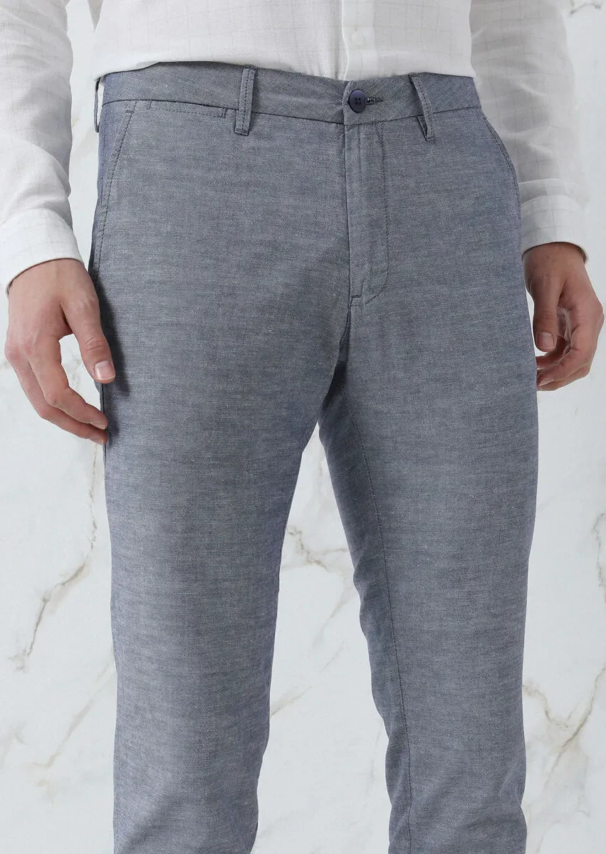 Navy Blue Weaving Regular Fit Casual Cotton Blended Trousers - 1
