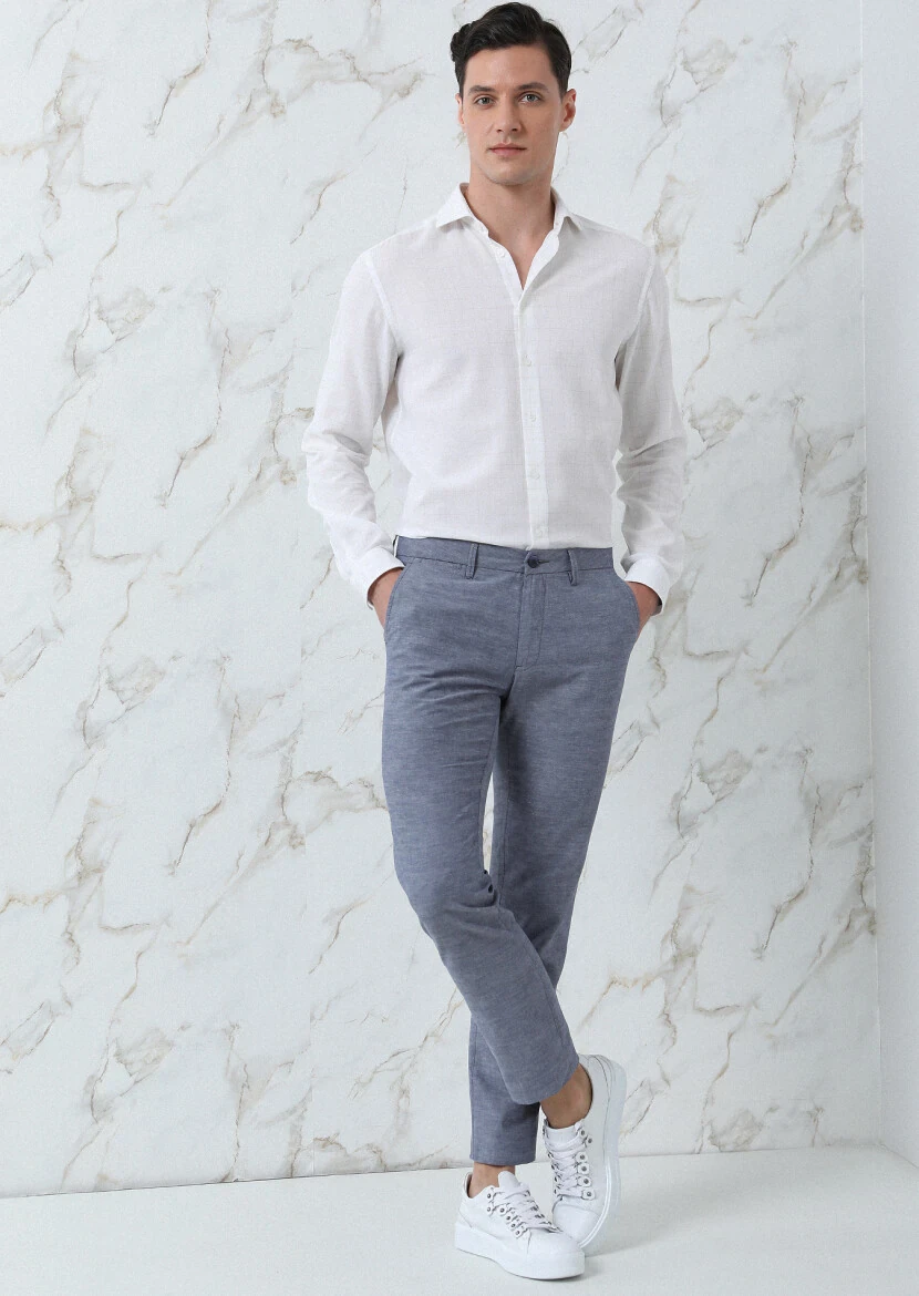 Navy Blue Weaving Regular Fit Casual Cotton Blended Trousers - 3