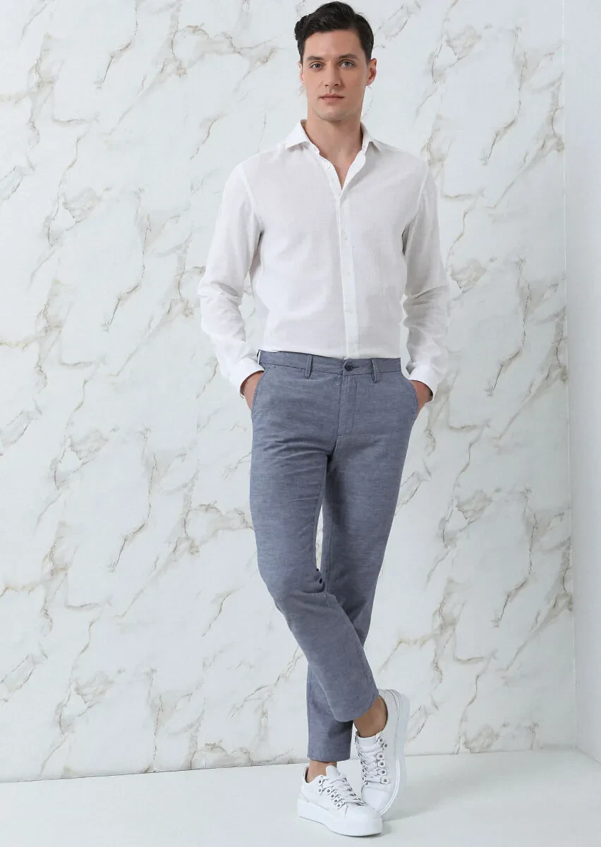 Navy Blue Weaving Regular Fit Casual Cotton Blended Trousers - 3